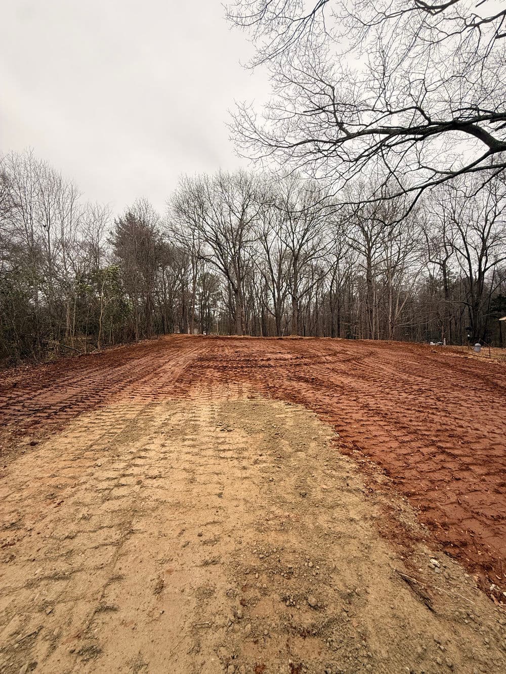 Cleared land for construction with dirt and tree line under cloudy sky.